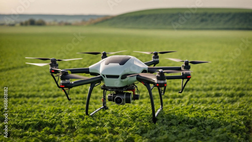 A smart farming drone flies over a green field and carries out watering, modern technologies in agriculture
