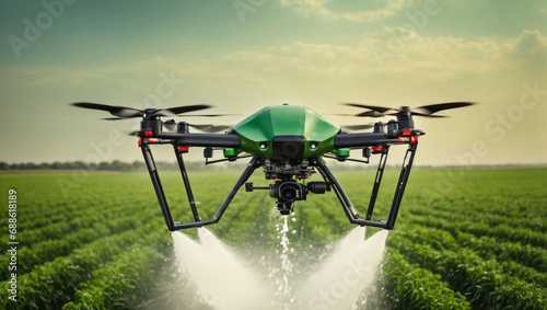 A smart farming drone flies over a green field and carries out watering, modern technologies in agriculture