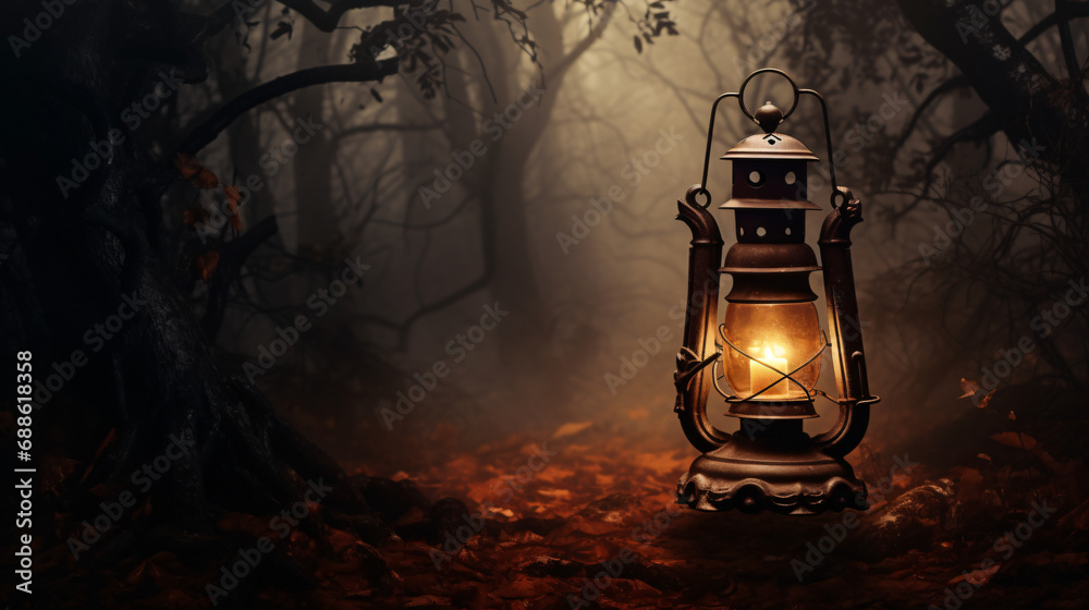 Old lantern with misty Halloween forest
