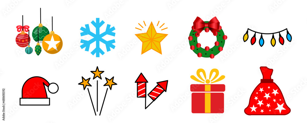 A set of New Year's attributes. Christmas wreath, Christmas tree, gifts, Sock with gifts, Santa's hat, Christmas lollipop, Snow White, fireworks, sparklers, Santa's bag with gifts. Christmas icons are