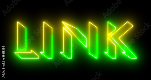 Glowing neon-colored link word text illustration with a glowing neon-colored outline on a dark background in high-resolution. Technology video material illustration in high-resolution.