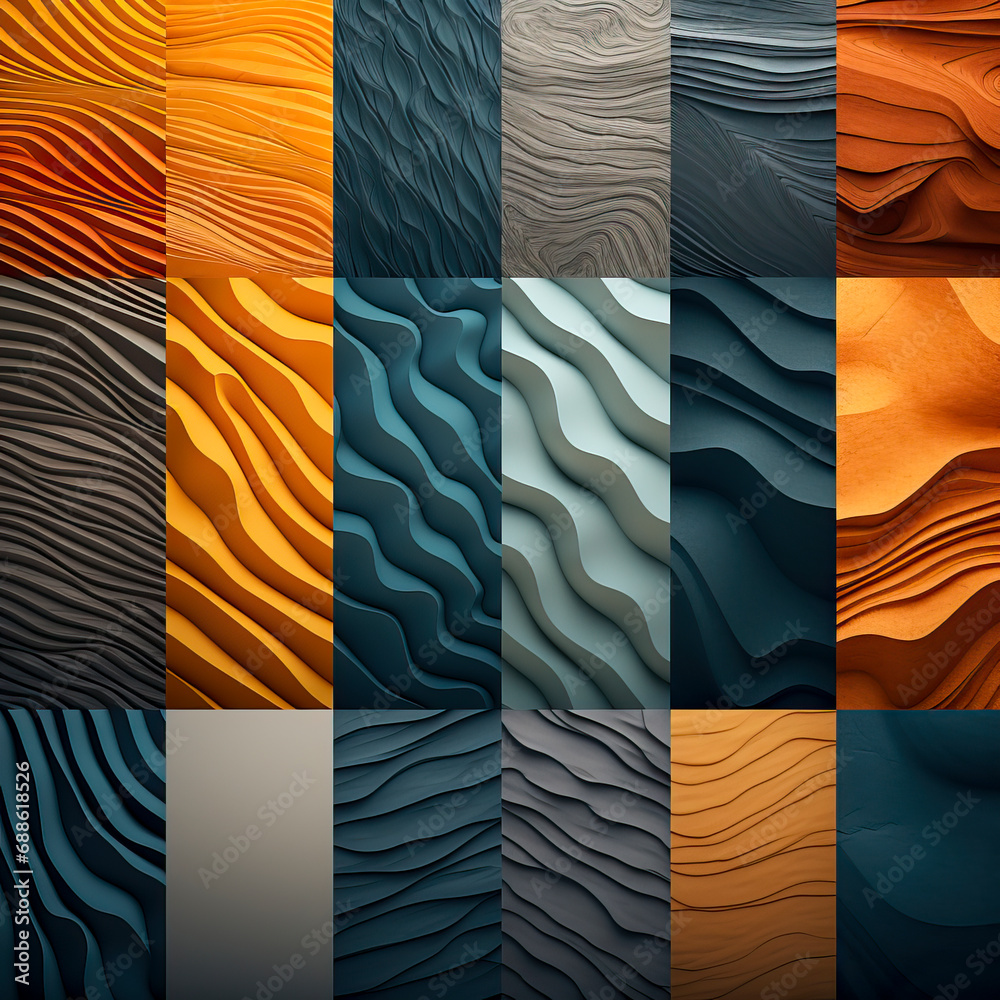 A grid of textured waves in a warm to cool color spectrum.
