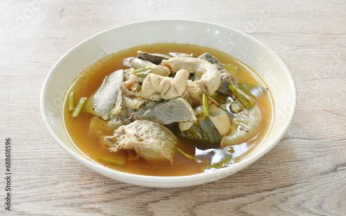 boiled hot and spicy soup with pork entrails on plate