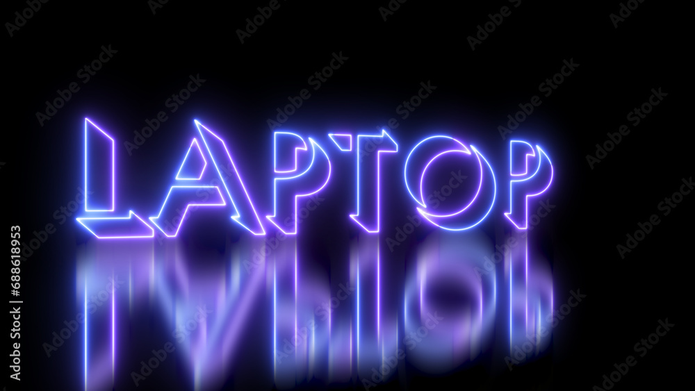 Neon-colored Laptop word text illustration with a glowing neon-colored moving outline on a dark background in high-resolution. Technology video material illustration. Easy to use.