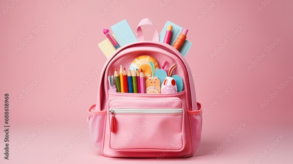 Opened School backpack with stationery