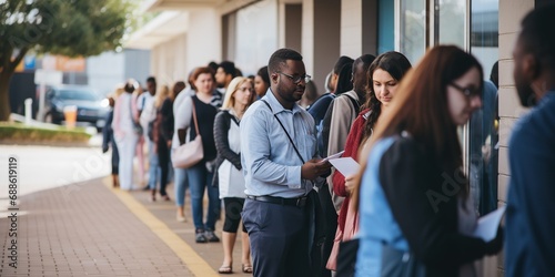 A queue of diverse individuals waiting outside a medical facility, highlighting the challenges and inequalities in accessing healthcare, concept of Healthcare disparity photo