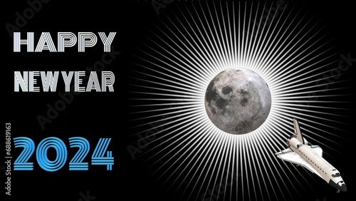 space craft coming from moon with happy new year 2024 text on creative abstract background with 3D rendering illustration for space theme concepts
