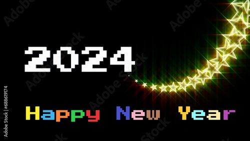 colorful happy new year 2024 text and glowing yellow stars on creative abstract background with 3D rendering illustration for space theme concepts