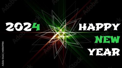 shining colorful stars and happy new year 2024 text on creative abstract background with 3D rendering illustration for space theme concepts