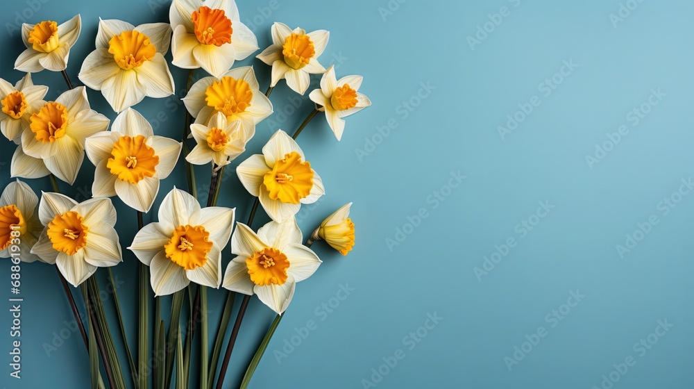 banner with narcissus flower on a light blue background. Greeting card template for wedding, mother's day or women's day. Spring composition with copy space. Flat style - obrazy, fototapety, plakaty 