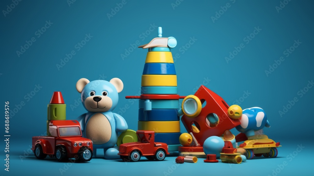 Obraz premium colorful 3d render of playful kids' toys on vibrant blue background – childhood fun and imagination concept
