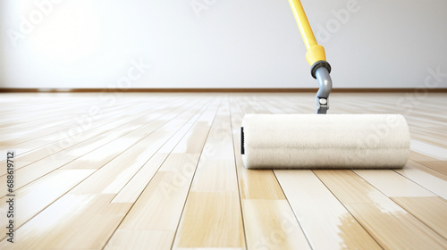Paint roller painting the parquet floor
