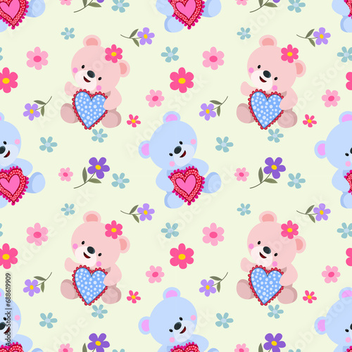 Valentines day concept cute bear with heart shape and flowers seamless pattern for fabric textile wallpaper gift wrap paper background.