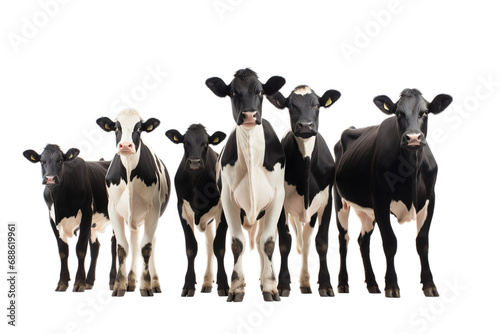 Front view of a small herd of black and white Friesian cows, isolated on a transparent background