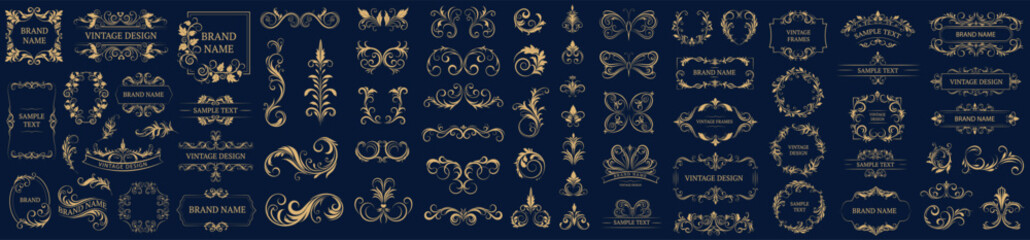 Rideaux Noir et or patrons Set of gold vintage frame and corners icon. Vector illustration.  © 4zevar
