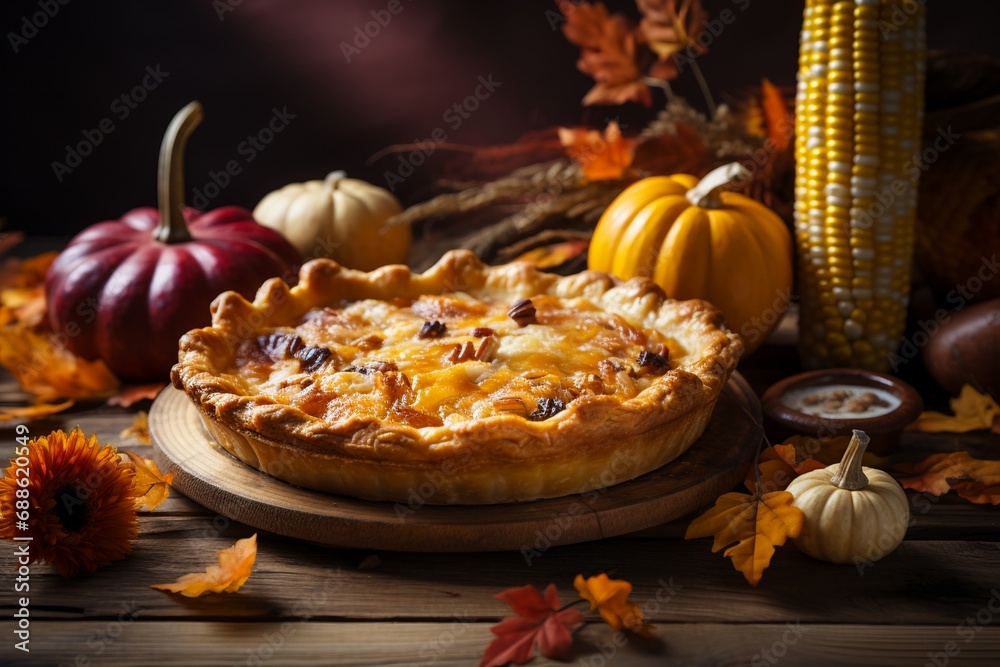 Pumpkin pie with autumn pumpkins and corn on wooden board Pumpkin pie with autumn pumpkins and corn on wooden board