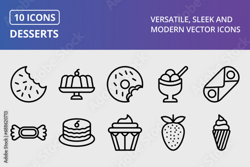 Desserts Thick Line Icons Set