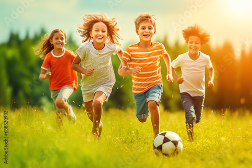 Happy children playing football in the meadow.