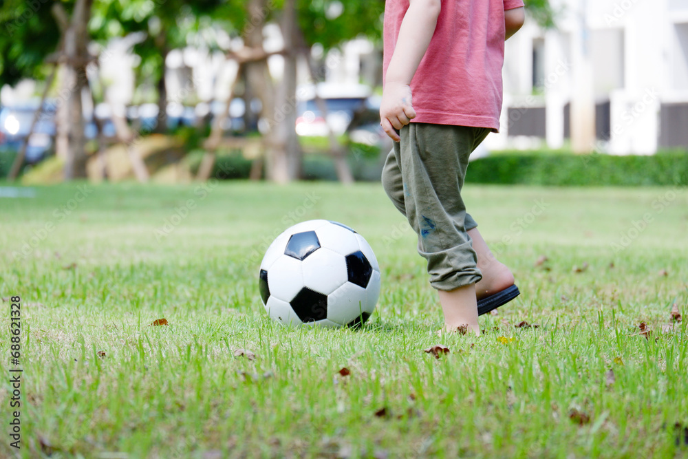 A boy runs and kicks football in the grass.