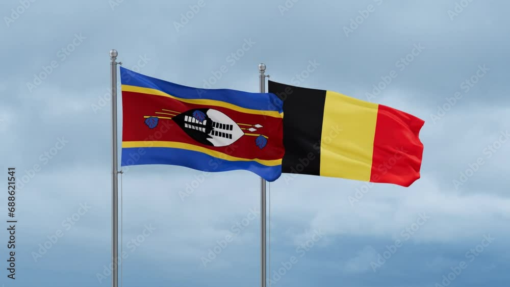 Belgium flag and Eswatini flag waving together on cloudy sky, endless seamless loop, two country relations concept Belgium flag and Eswatini flag waving together on cloudy sky, endless seamless loop, two country relations concept