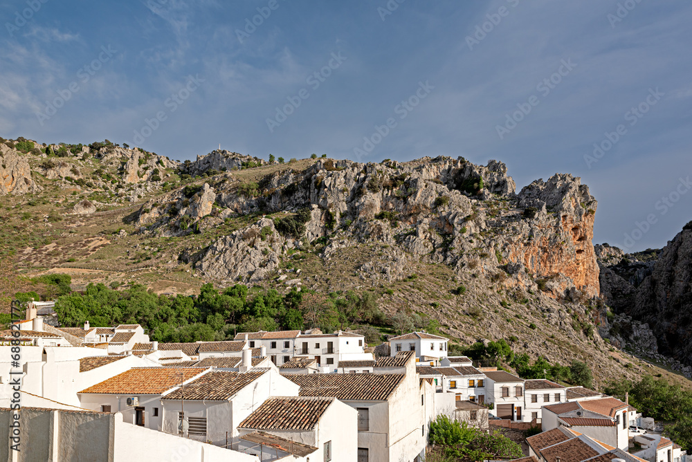 Typical white village with mountain in the background in Zuheros, Cordoba, Spain