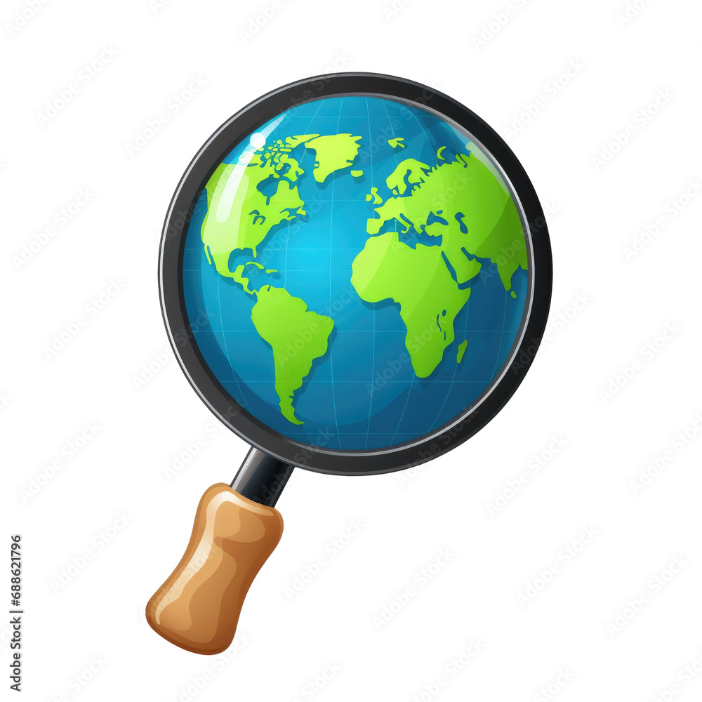 Magnifying glass with planet Earth 3d vector icon on transparent background, png Magnifying glass with planet Earth 3d vector icon on transparent background, png