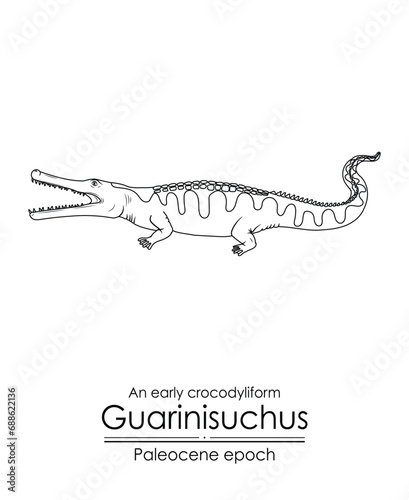 An early crocodyliform Guarinisuchus from Paleocene epoch. Paleocene epoch followed after the extinction of the dinosaurs. Black and white line art, perfect for coloring and educational purposes.