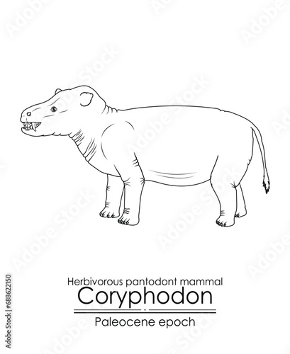 Prehistoric herbivorous pantodont mammal Coryphodon, a Paleocene period creature. Paleocene period followed after the extinction of the dinosaurs. Black and white line art, perfect for coloring and ed