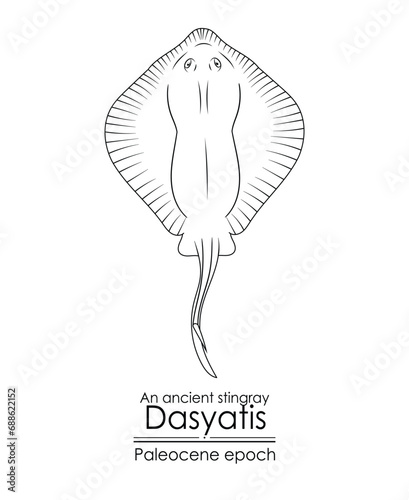 An ancient stingray Dasyatis, a Paleocene epoch creature. Paleocene epoch followed after the extinction of the dinosaurs. Black and white line art, perfect for coloring and educational purposes.