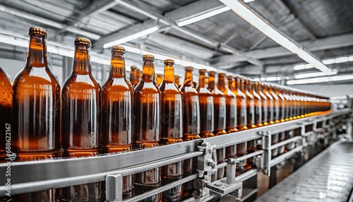 Brown glass beer drink alcohol bottles  brewery conveyor  modern production line