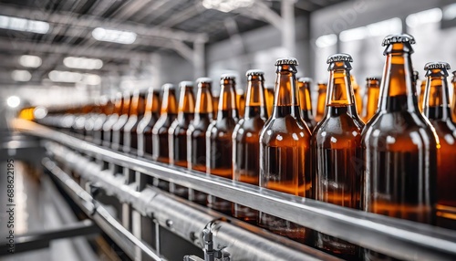 Brown glass beer drink alcohol bottles  brewery conveyor  modern production line