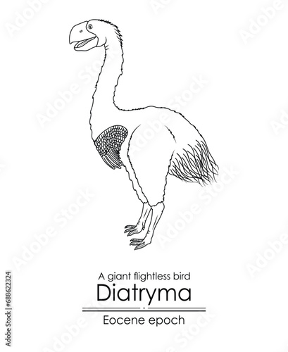 A prehistoric giant flightless bird, Diatryma, from the Eocene epoch. Diatryma is classified under the genus Gastornis. Black and white line art, perfect for coloring and educational purposes. 
