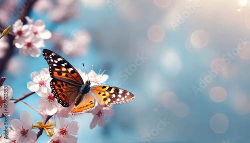 butterfly on a sakura branch against the sky, web banner size with empty space