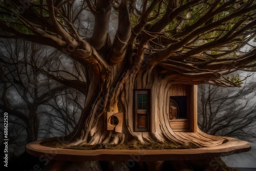 A tactile sculpture of a tree with a small door, crafted from wood and mixed media, creating a tangible representation of a house within a tree