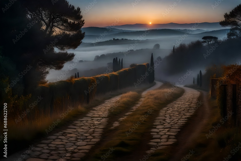 A mysterious Tuscan twilight, the winding road disappearing into a dense fog, ancient stone structures barely visible on the sides