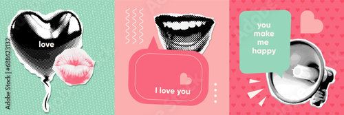 Valentine's day collage square compositions set. Contemporary art mixed media with halftone paper cut symbols heart balloon, megaphone, female mouth. Retro vector illustration with paper stickers.