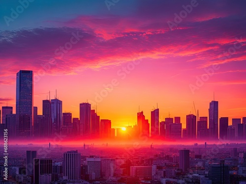 A Colorful Sunset Over A City Skyline Generative AI