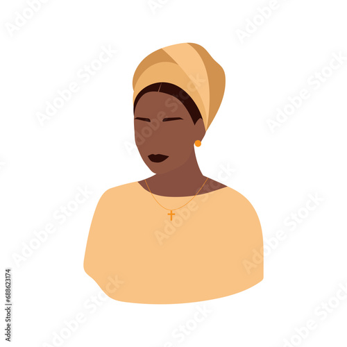 Black catholic woman in turban with cross, flat modern illustration. Isolated