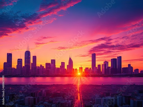 A Colorful Sunset Over A City Skyline Generative AI