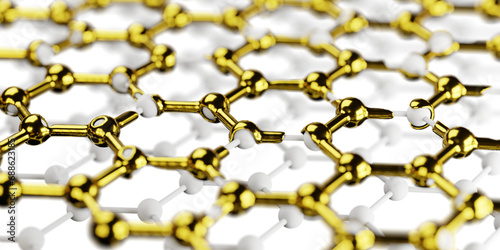 nanomaterial, mesh, molecular hexagonal structure, honeycomb connection of molecules in gold liquid, abstract hi-tech design
