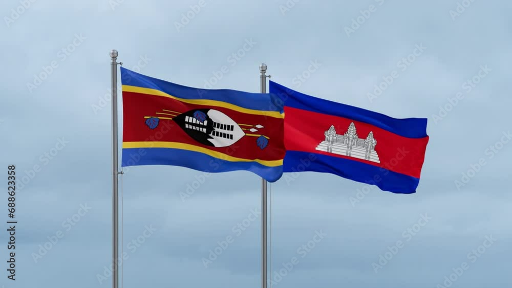 Cambodia flag and Eswatini flag waving together on cloudy sky, endless seamless loop, two country relations concept Cambodia flag and Eswatini flag waving together on cloudy sky, endless seamless loop, two country relations concept
