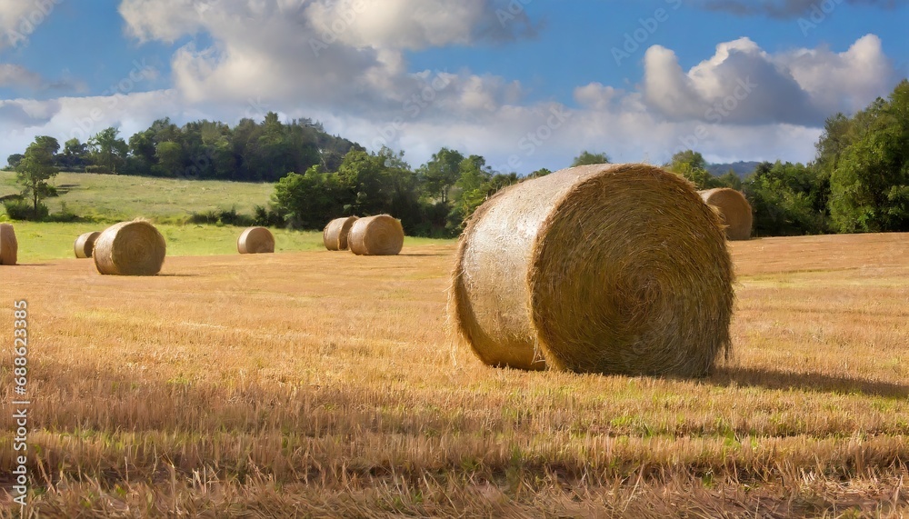 Golden Harvest Hay Rolls Glistening in the Countryside