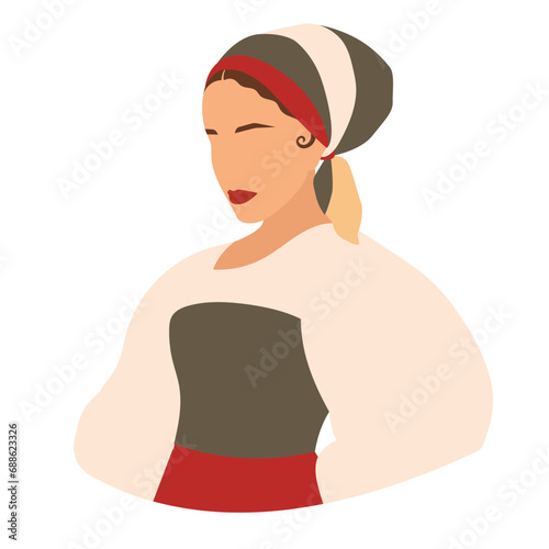 Modern flat portrait of Italian young woman wearing folk dress and headscarf. Isolated vector illustration.
