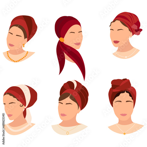 Collection of jewish women in traditional jewish headcovering. Vector illustration on white background.