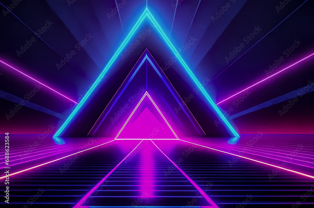 Futuristic landscape with triangular and neon elements. Fiction. AI
Futuristic landscape with triangular and neon elements. Fiction. AI