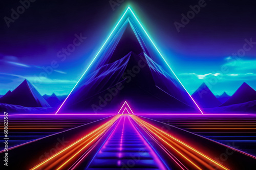 Futuristic landscape with triangular and neon elements. Fiction. AI 