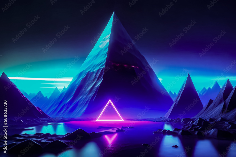 Futuristic landscape with triangular and neon elements. Fiction. AI	

