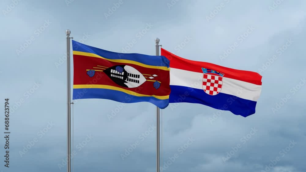 Croatia and Eswatini flag waving together on cloudy sky, endless seamless loop, two country cooperation concept Croatia and Eswatini flag waving together on cloudy sky, endless seamless loop, two country cooperation concept