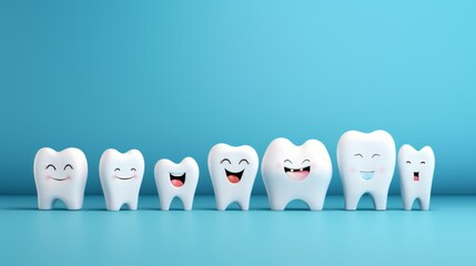 cheerful smiling tooth characters: bright and playful dental concept on turquoise background