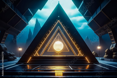 Futuristic landscape with triangular and neon elements. Fiction. AI 